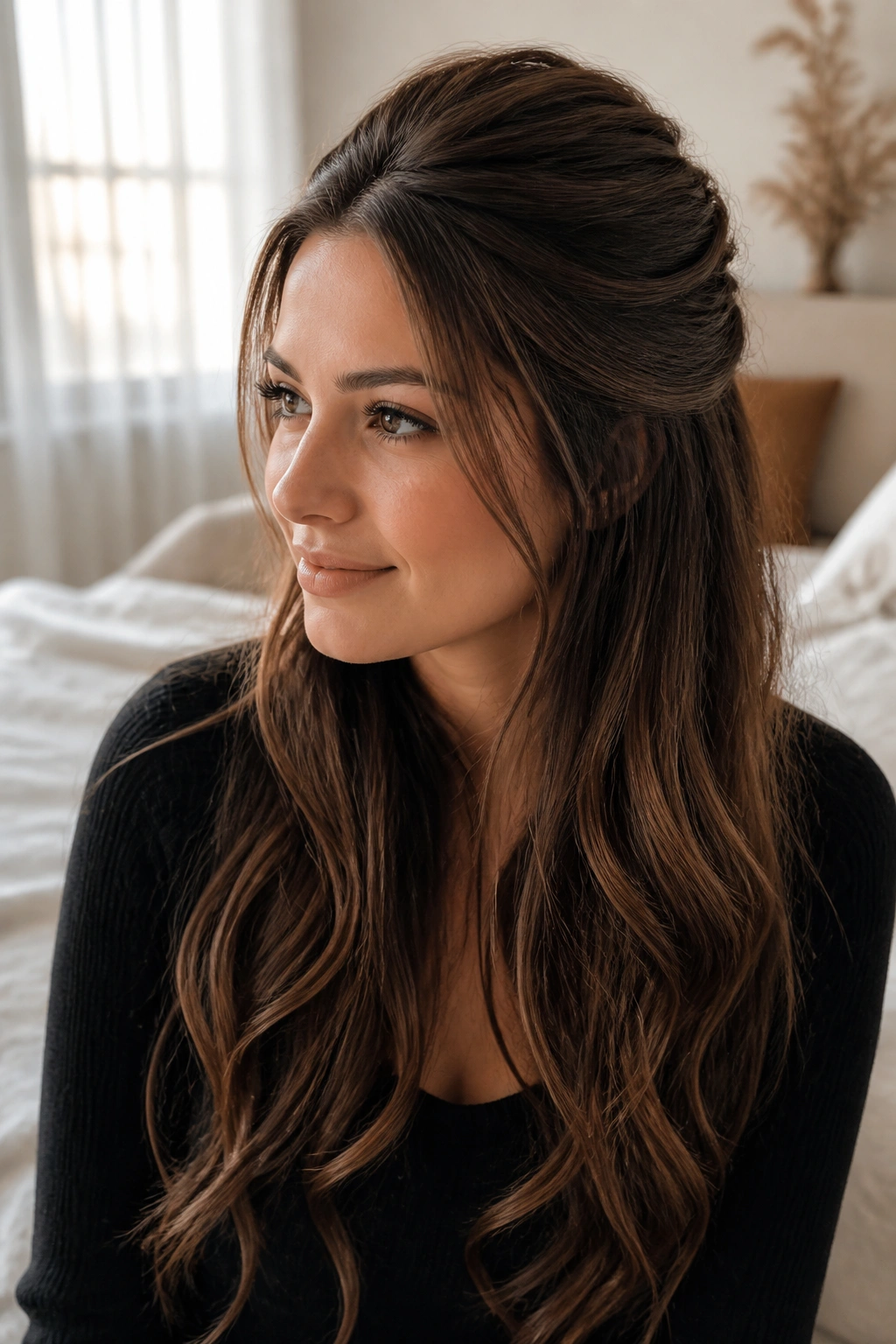 Real woman with half-up crown lift hairstyle.