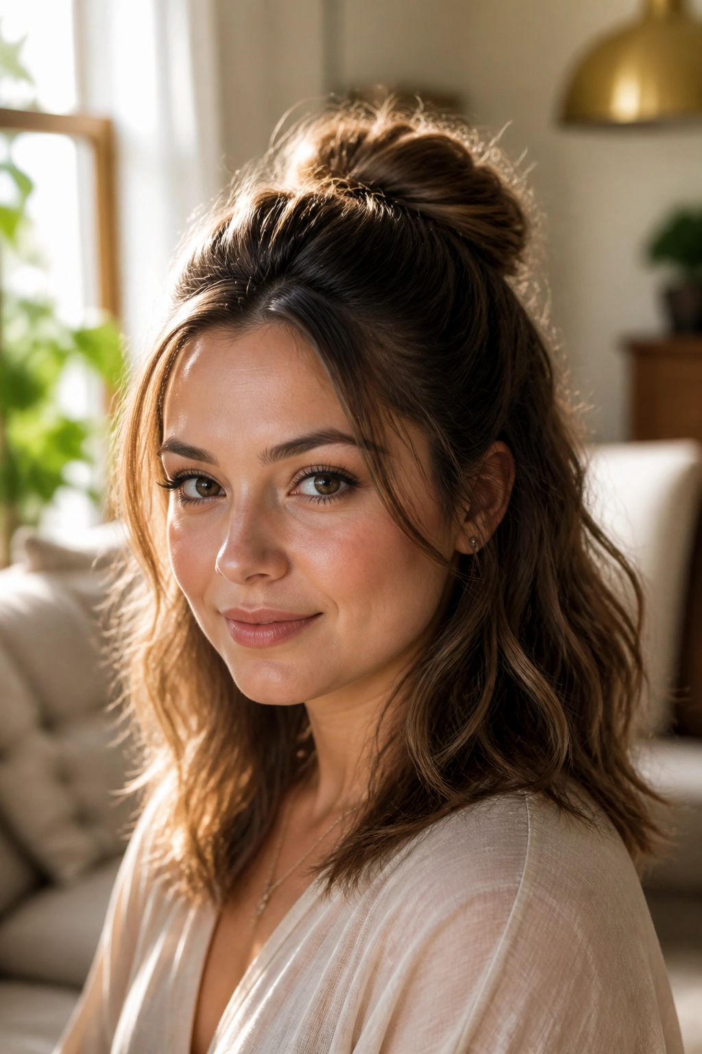 Close-up portrait of a real woman wearing Half-Up Style with Crown Lift, crown lift and loose lower hair