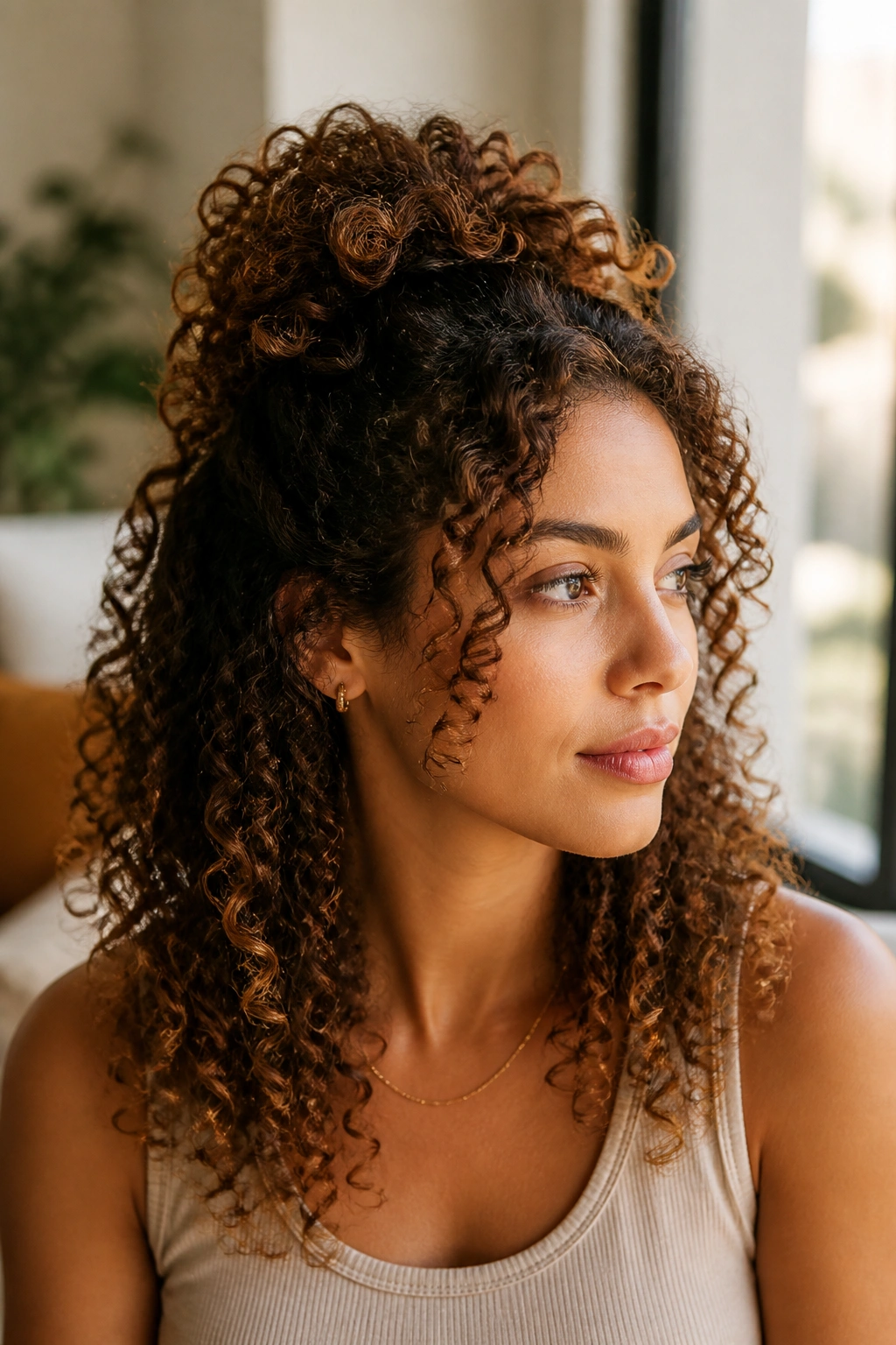 Close-up of a real woman wearing Half-Up Crown Lift with crown lift and loose curls framing the face