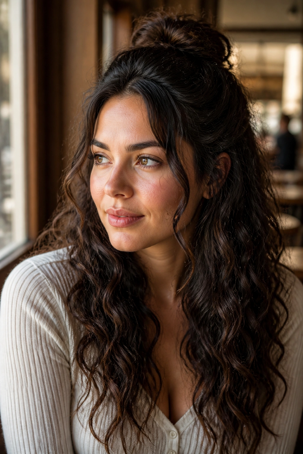 Portrait of woman with half-up crown lift hairstyle