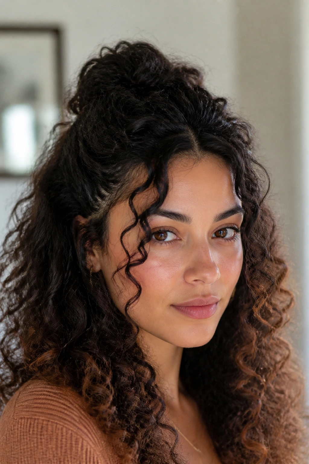 Close-up of half-up crown lift with face-framing curls on a real person