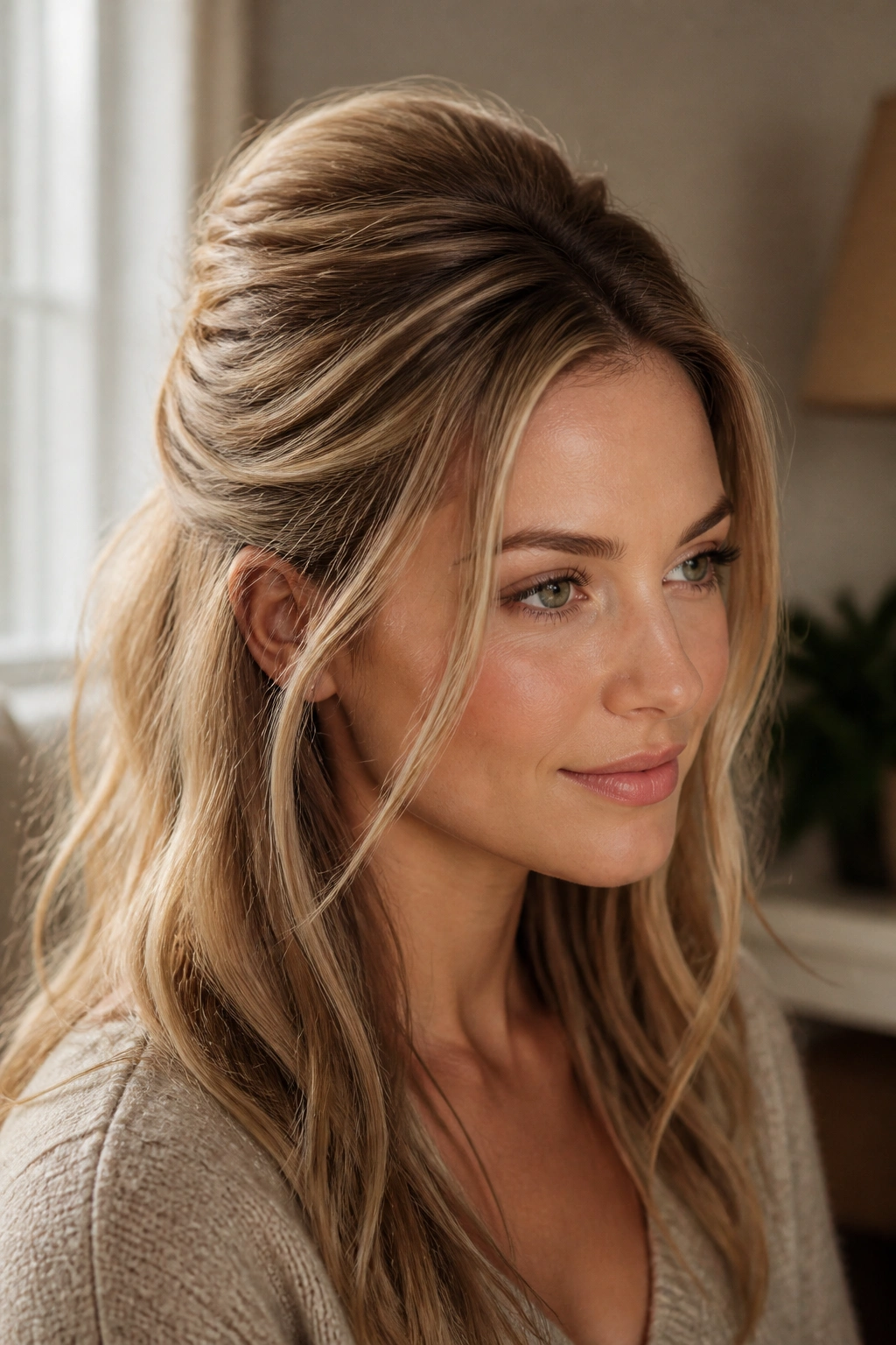 Close-up of a real woman with half-up crown lift hairstyle.
