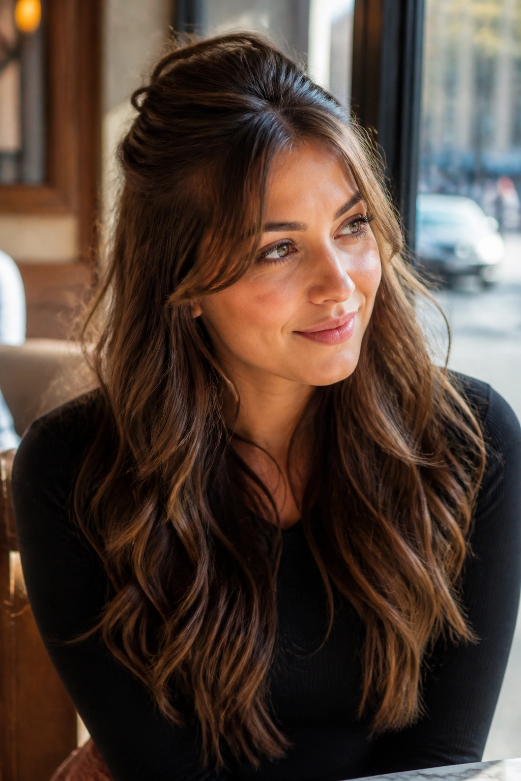 Close-up of a real woman with half-up crown lift in chestnut brown hair