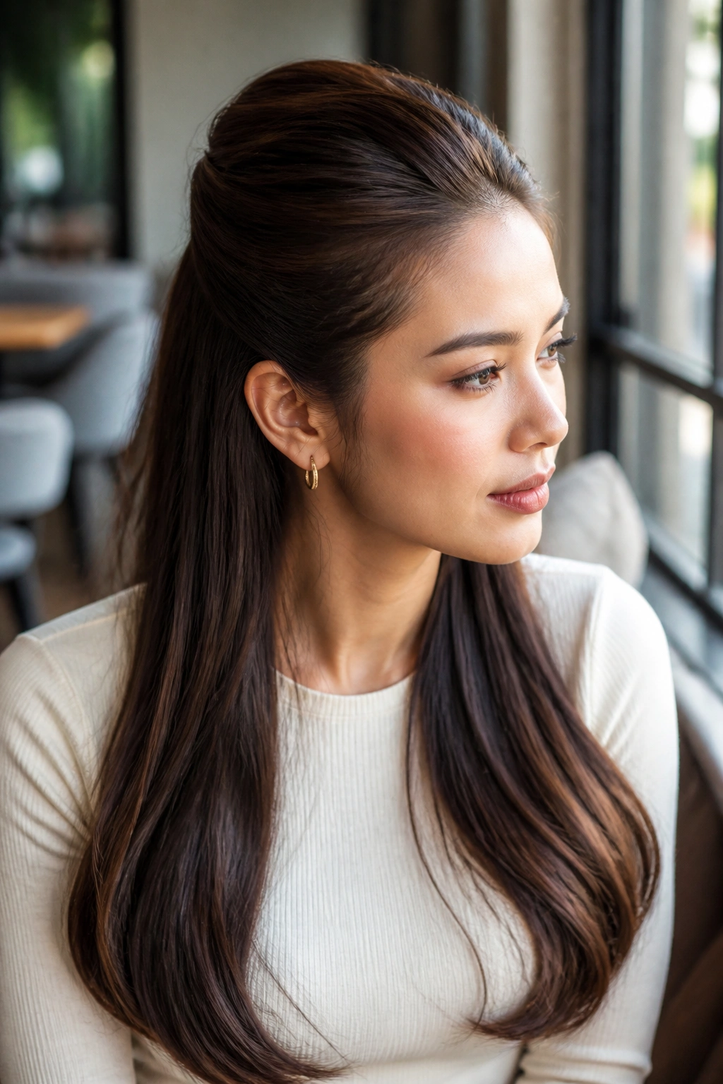 Real woman with half-up crown lift hairstyle at cafe window