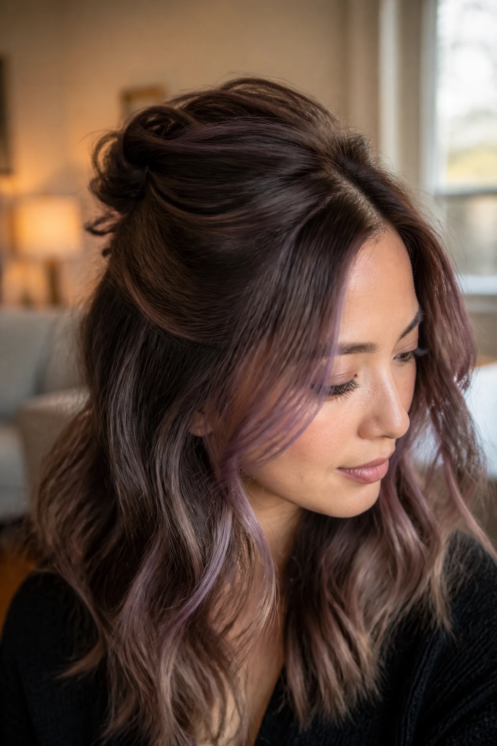 Close-up of half-up hairstyle with crown lift on a real person