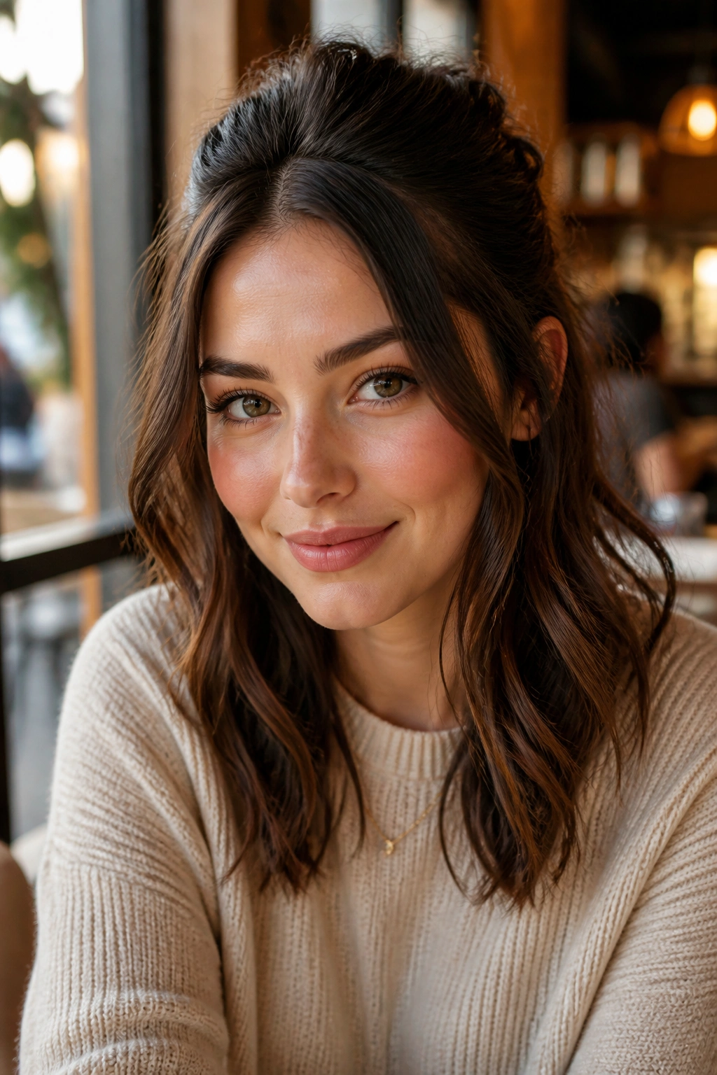 Portrait of a real woman with a half-up crown lift hairstyle.