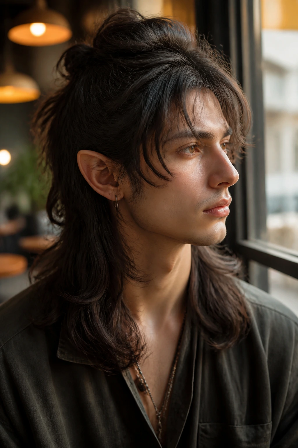 Close-up portrait of a real person with half-up crown elvish shag mullet