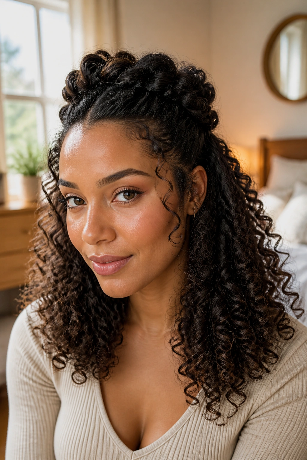 Close-up of a real woman with half-up crown twist hairstyle