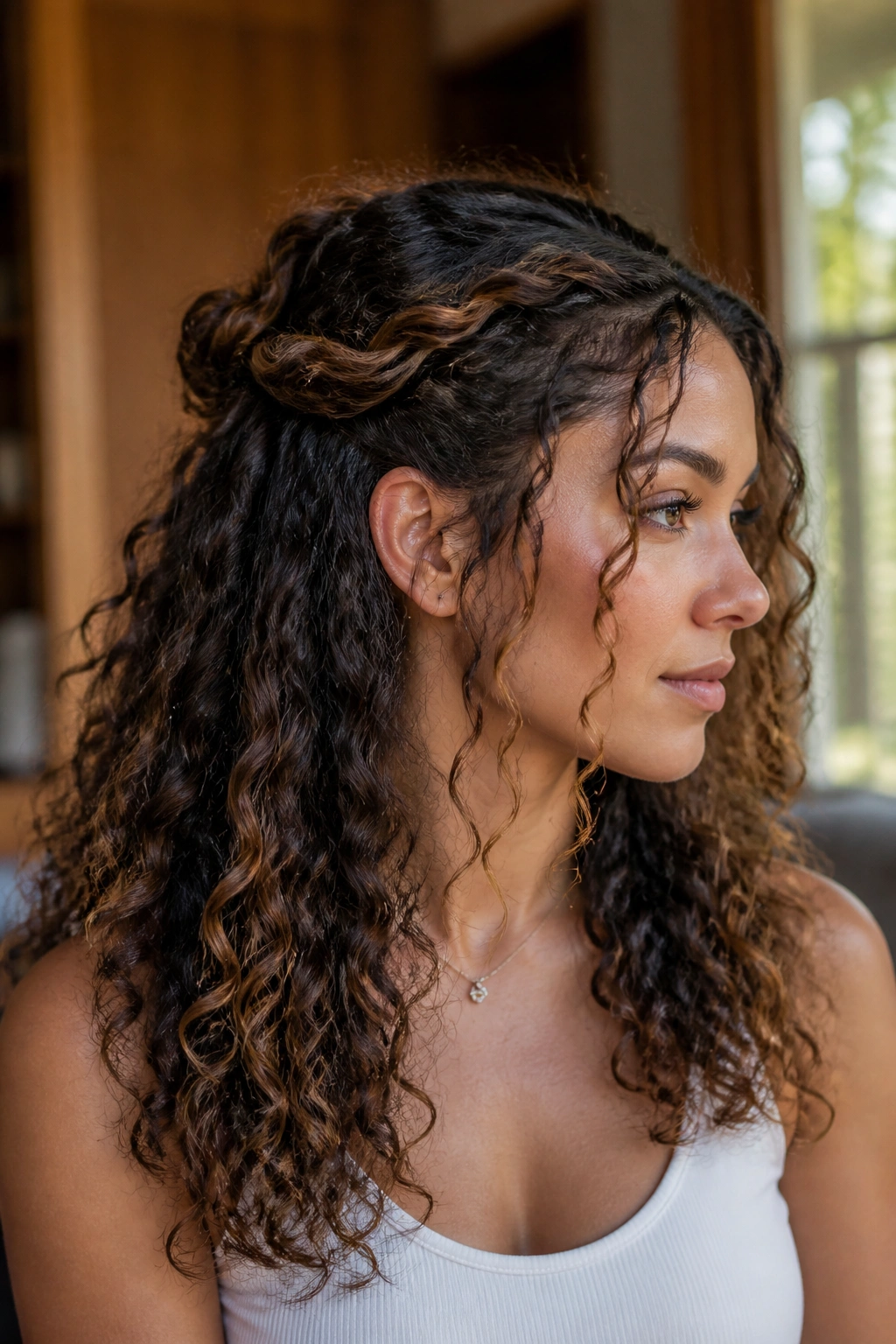 Close-up of a real person with a half-up crown twist and loose ends