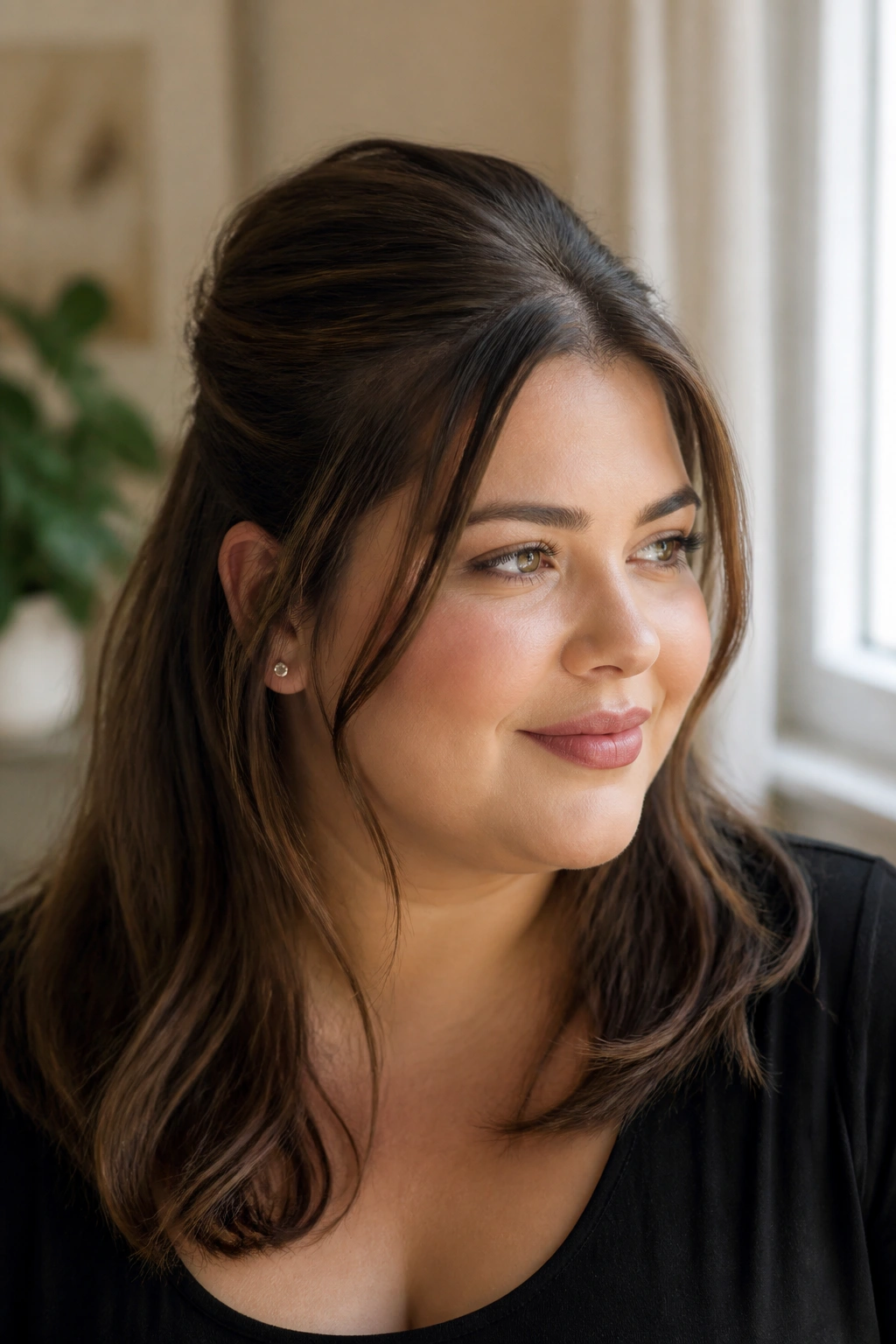Portrait of a real woman with half-up crown volume hairstyle
