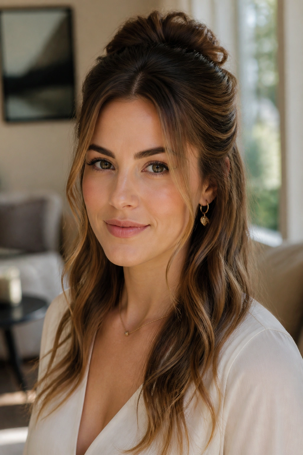 Close-up of real woman with half-up hairstyle and crown volume