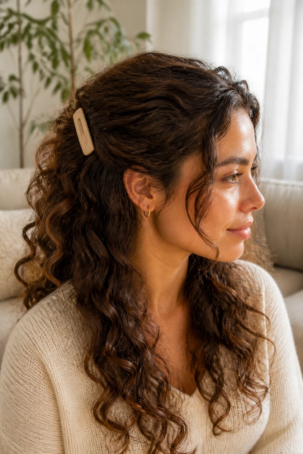 Close-up of a real woman with a half-up style and a barrette in soft daylight.