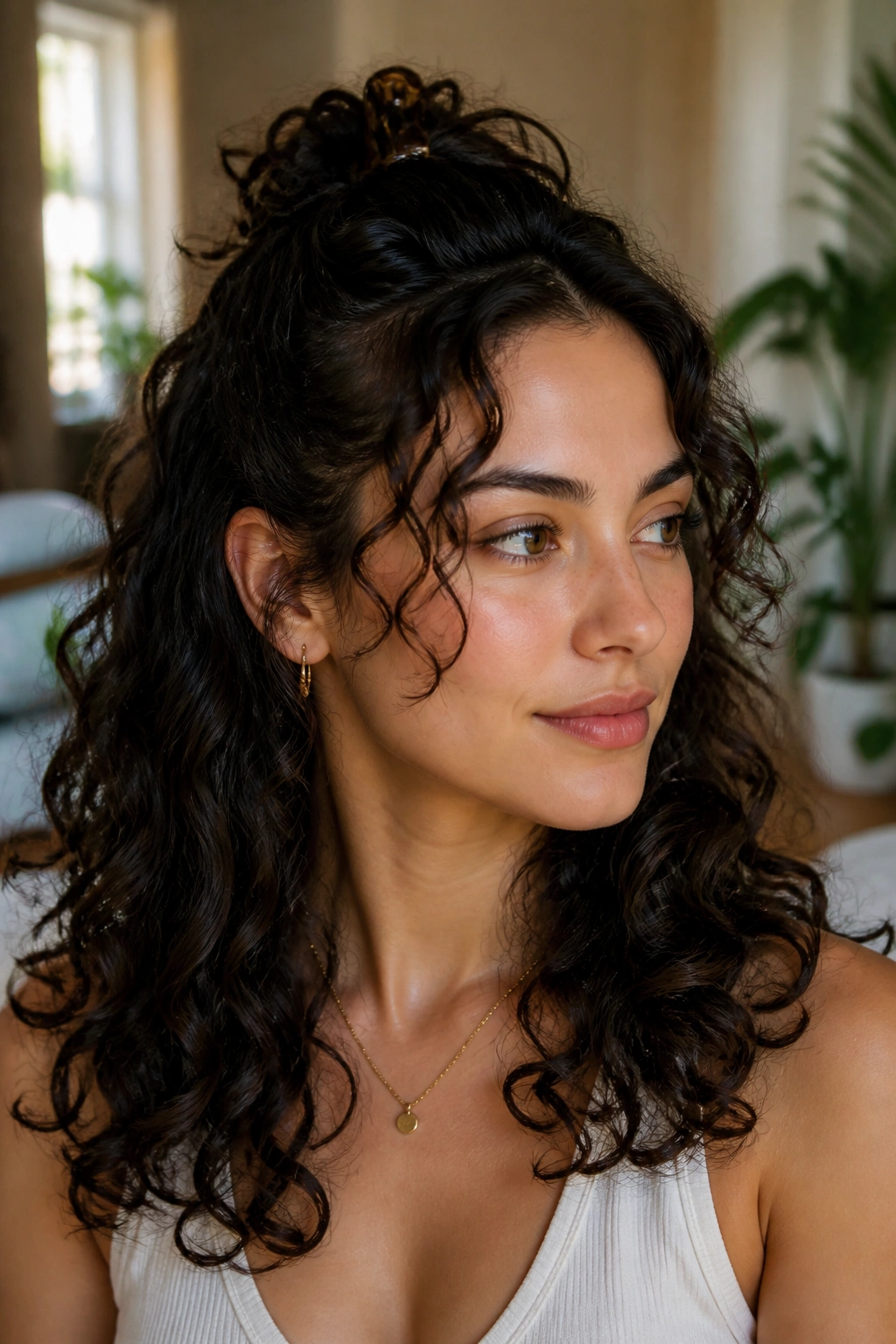 Close-up of real woman in half-up curls with face-framing tendrils in a sunlit living room.