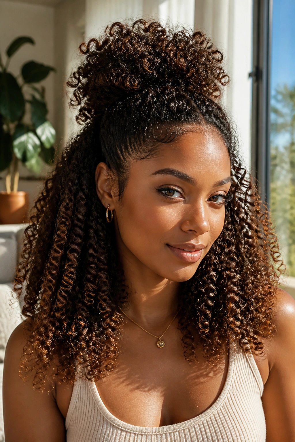 Close-up of a real woman with half-up half-down curls in a sunlit living room