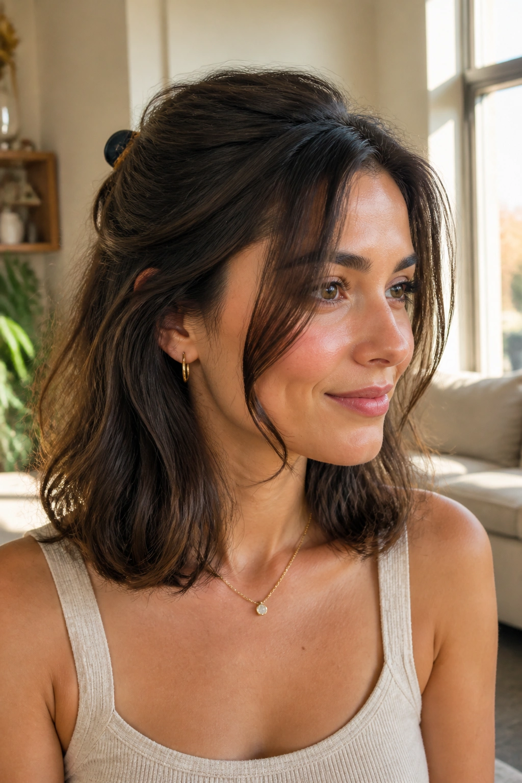 Real woman with half-up friendly medium cut