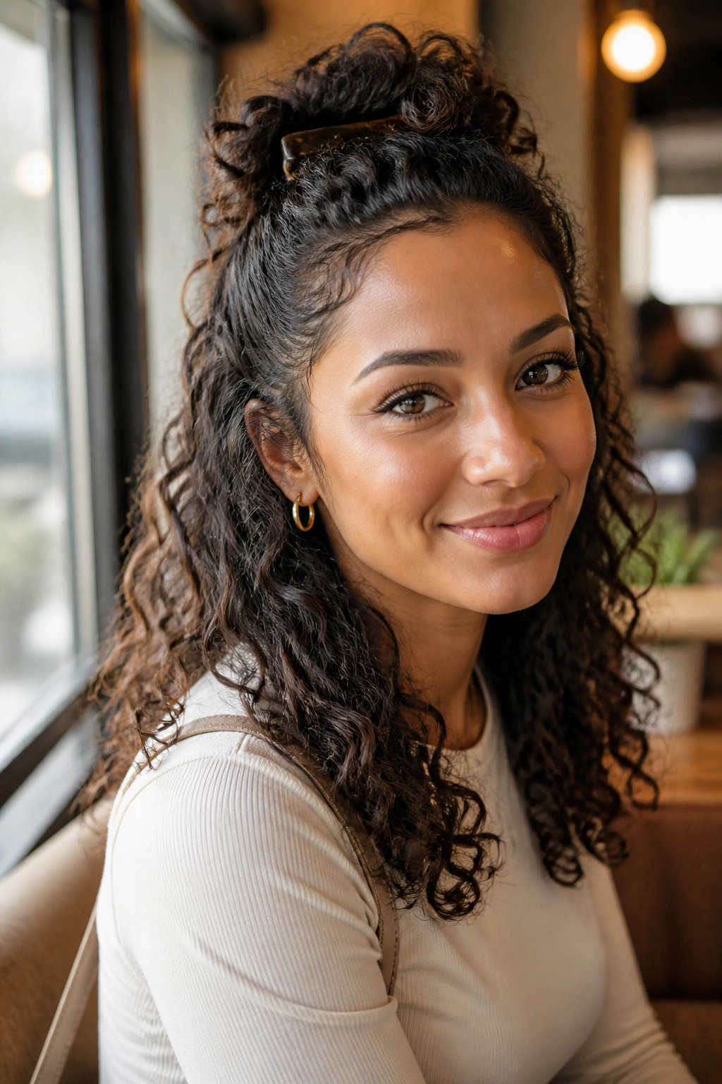 Close-up of half-up half-down hairstyle with defined curls on a real person