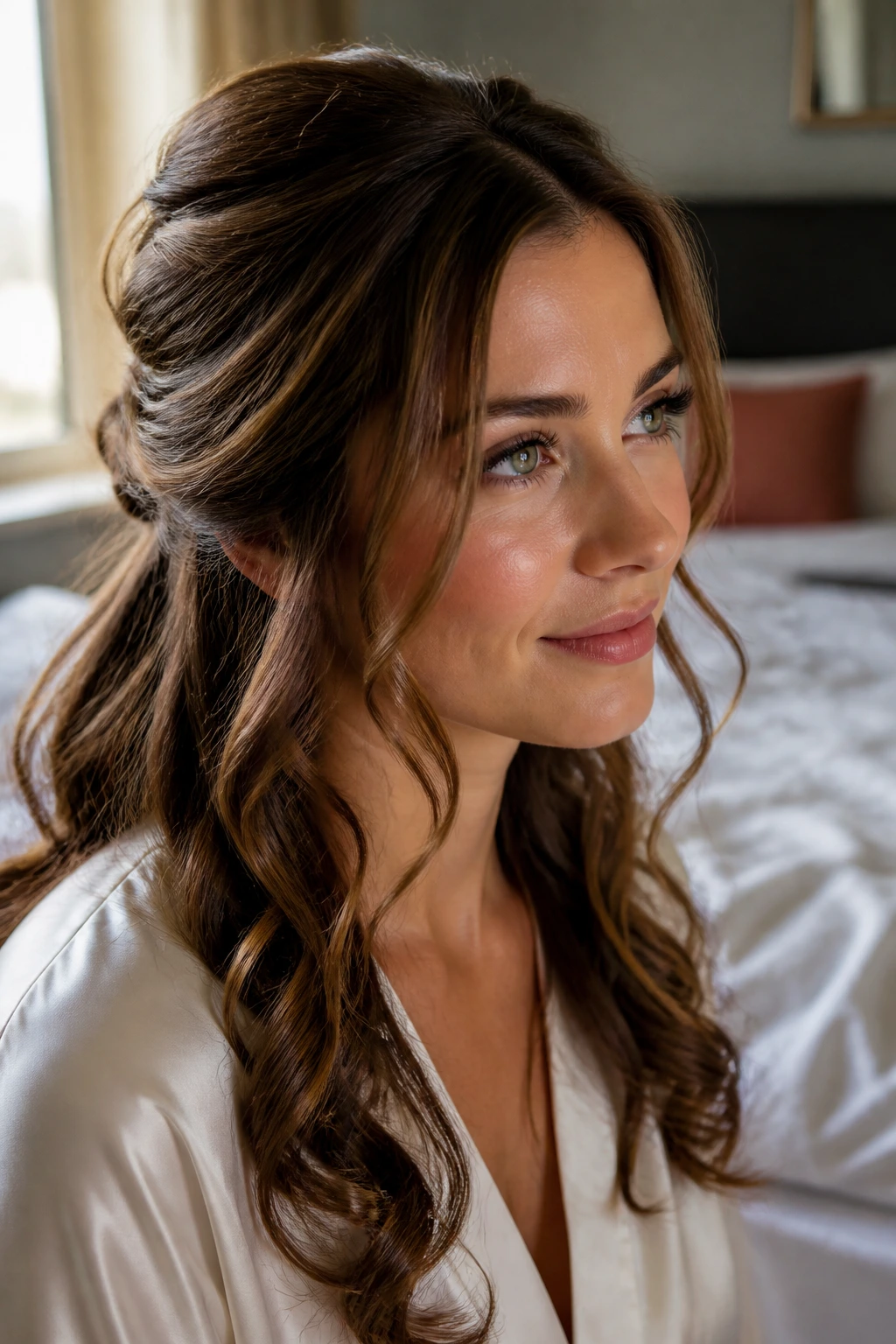 Close-up of a real woman wearing a romantic half-up with face-framing pieces in a softly lit bedroom.