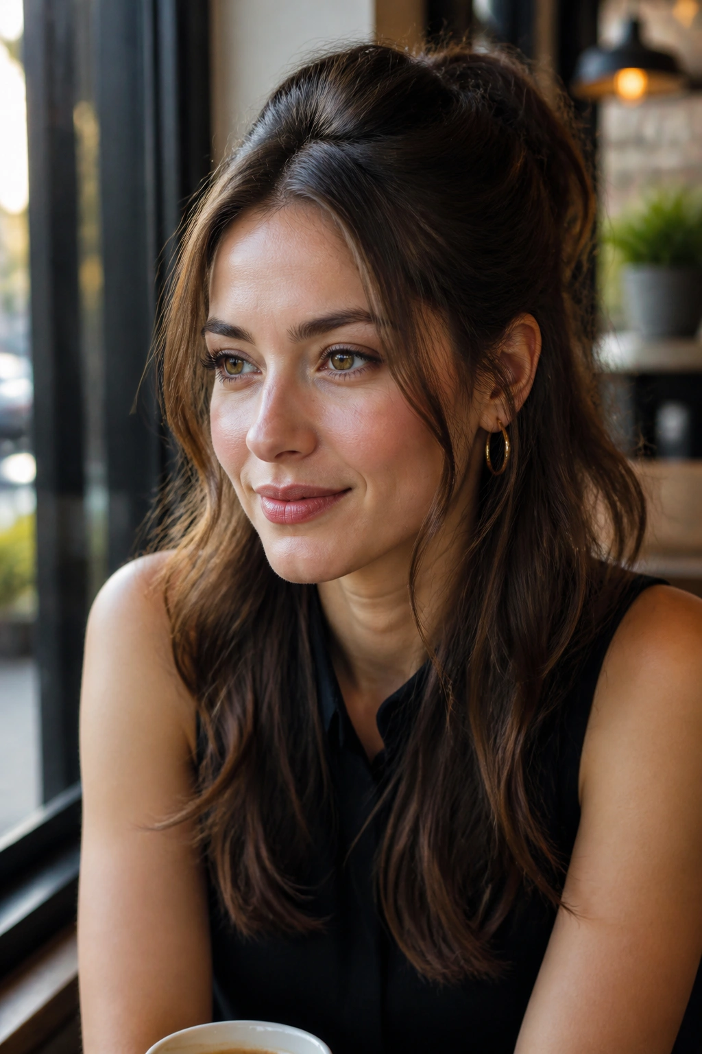 Close-up of a real woman with a half-up hairstyle and loose sides.