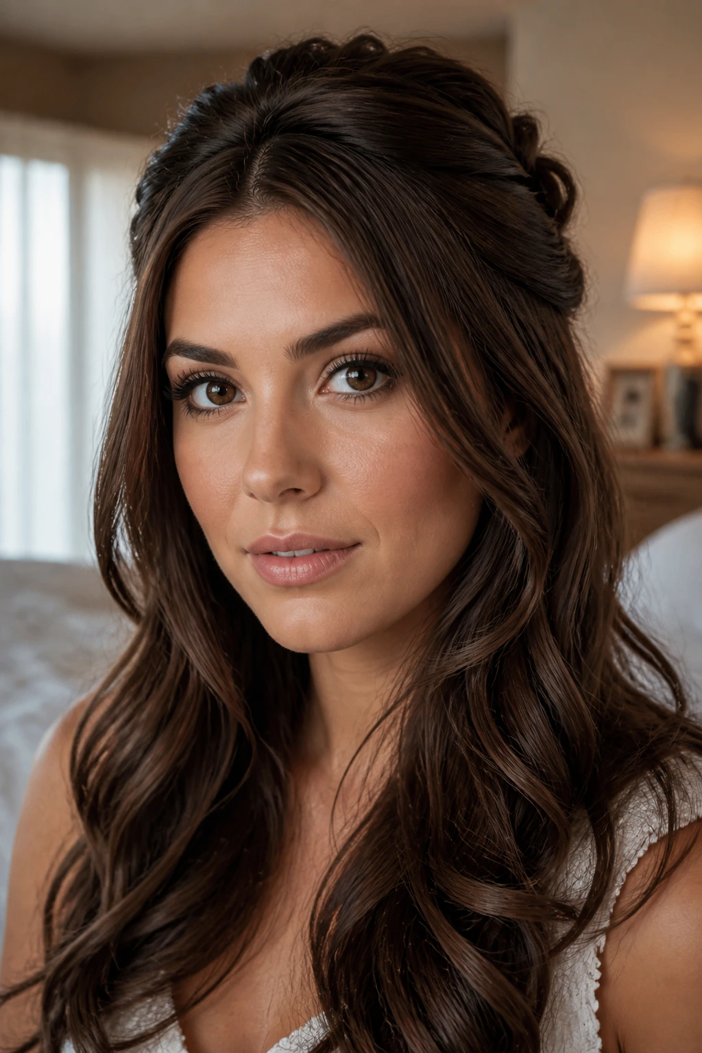 Close-up portrait of a woman with half-up twisted crown and long chocolate waves indoors