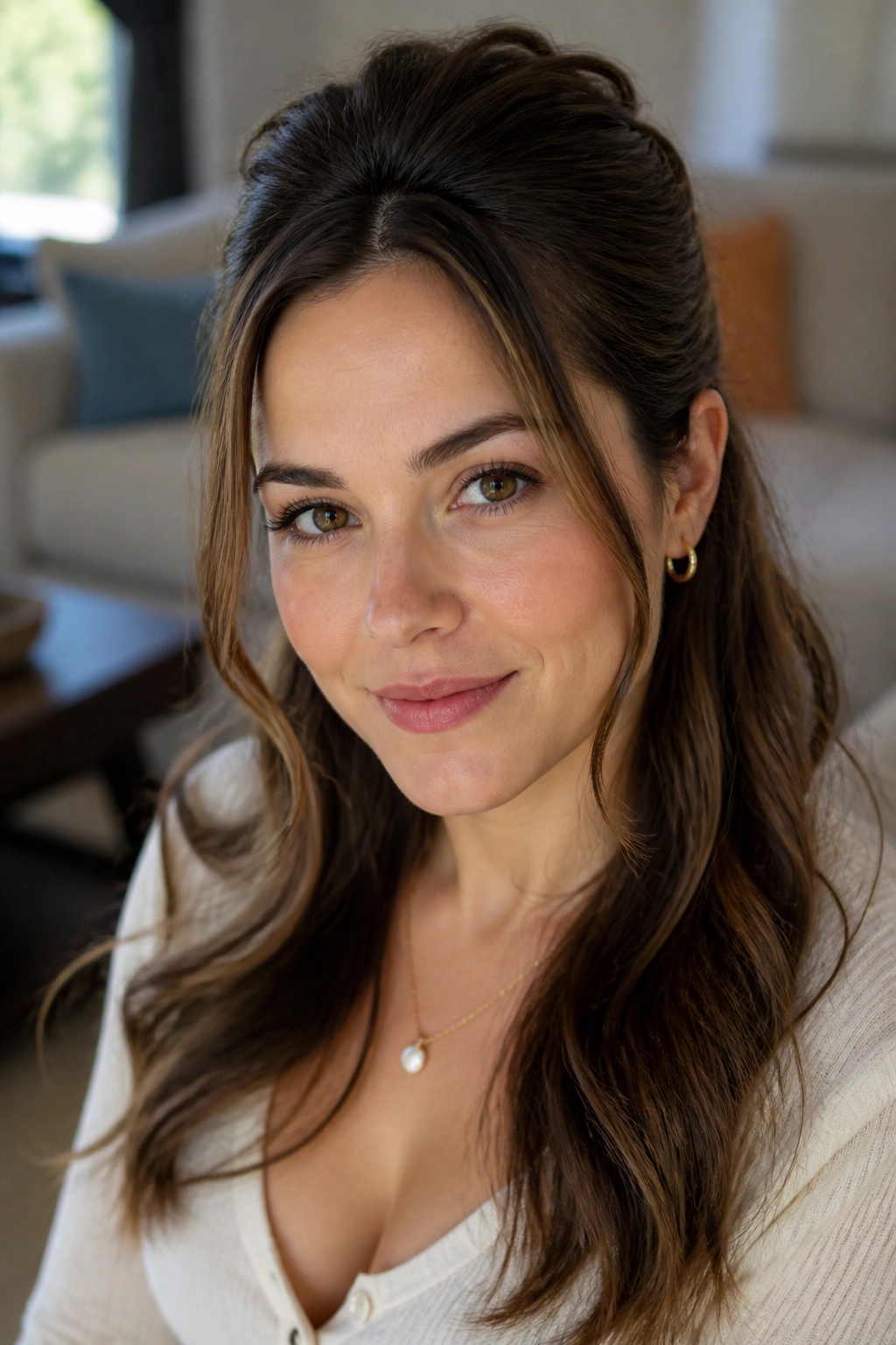 Close-up of a real woman with half-up half-down crown volume hairstyle.