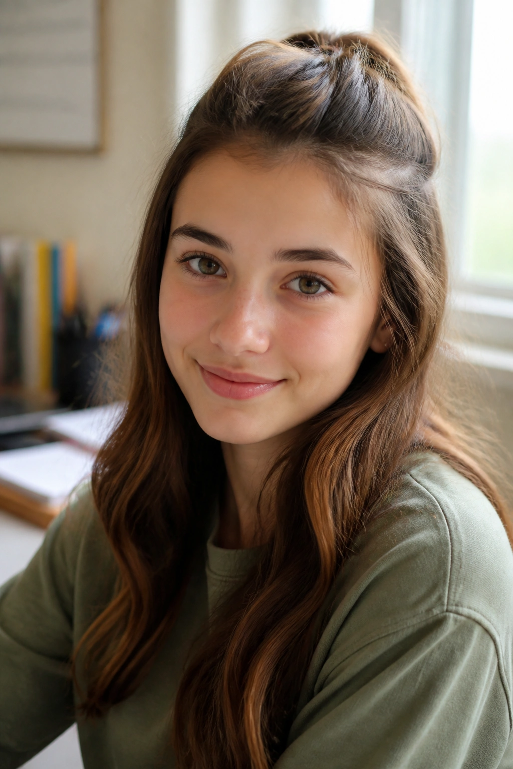 Student wearing half-up hairstyle in classroom.