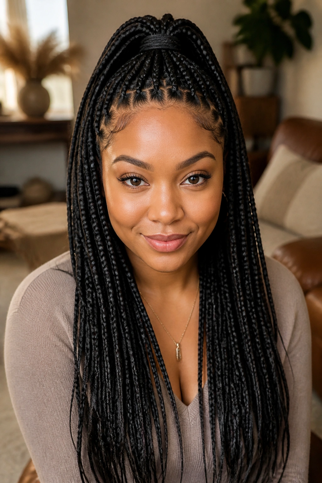 Close-up of a woman showing half-up half-down braids