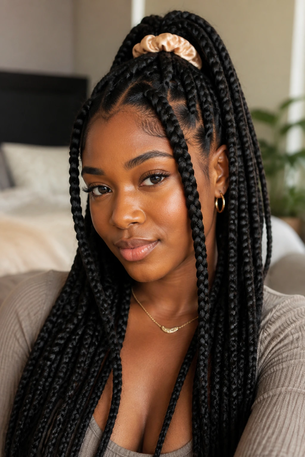 Close-up portrait of a real woman with half-up, half-down box braids and a silk scrunchie
