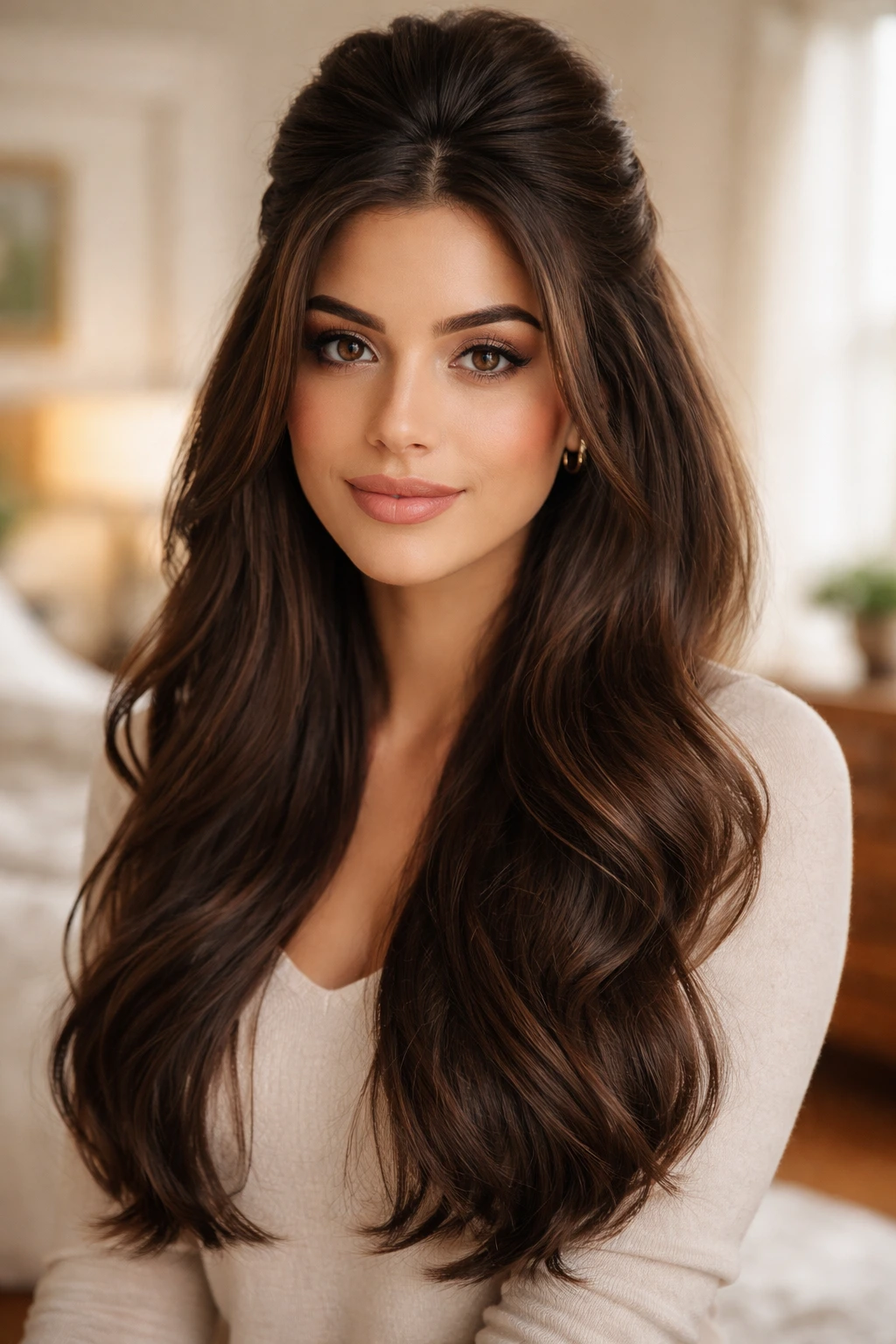 Portrait of brunette with half-up half-down hairstyle in a cozy home setting