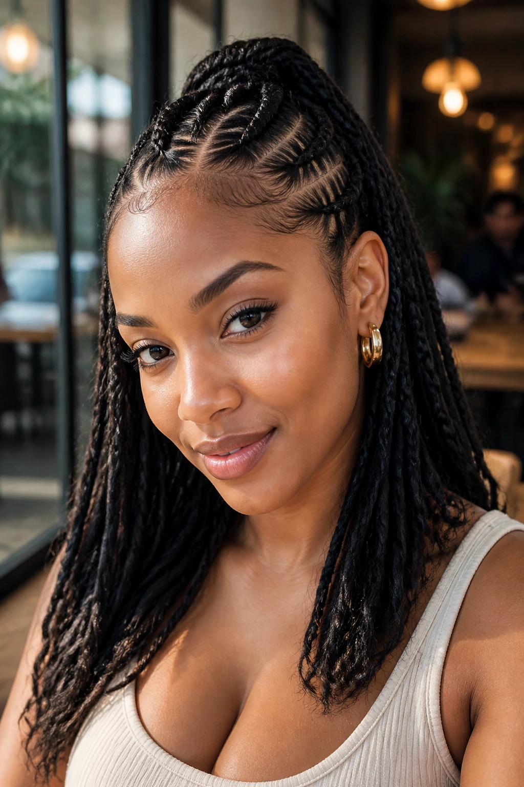 Close-up portrait of a real woman with half-up half-down cornrows in sunlit setting
