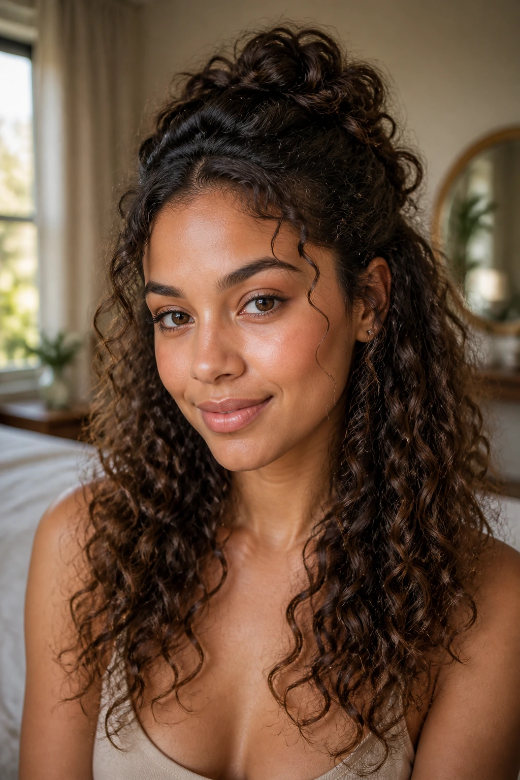 Close-up portrait of a real woman with half-up half-down curls and a soft crown in warm bedroom light.