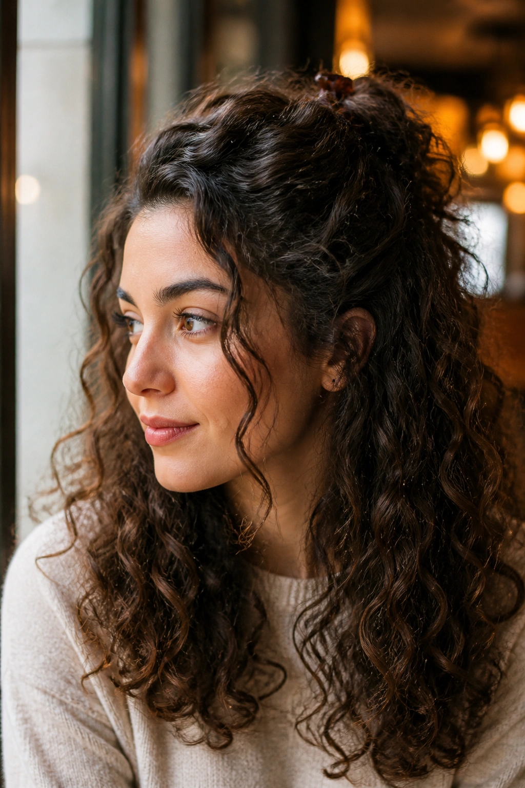 Close-up of a real woman with half-up half-down curly hairstyle