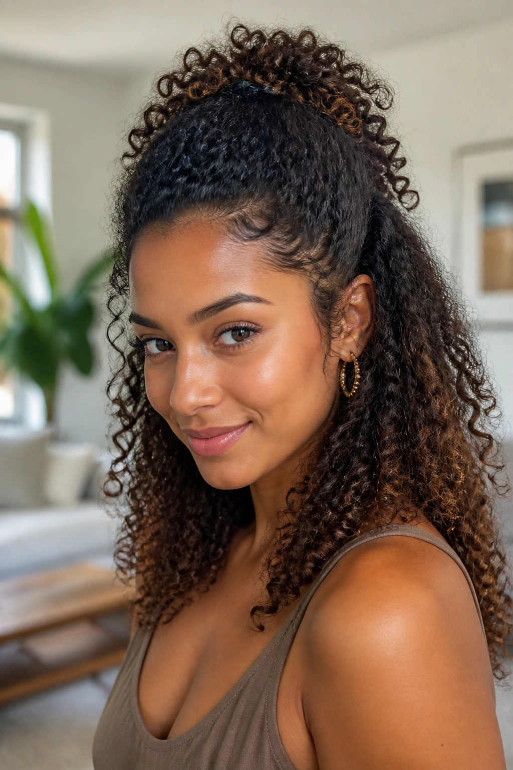 Real woman with half-up half-down hairstyle showing crown lift and defined texture