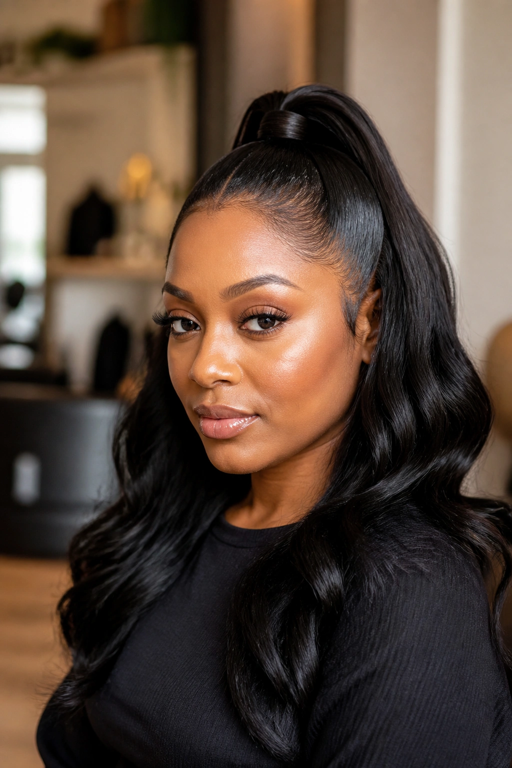 Real woman with half-up half-down sew-in hairstyle in stylish setting