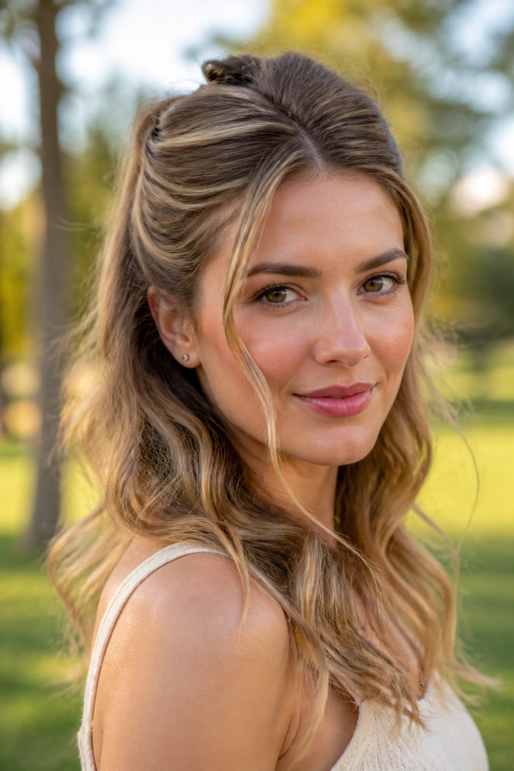 Close-up of a real woman with half-up half-down waves flattering square faces