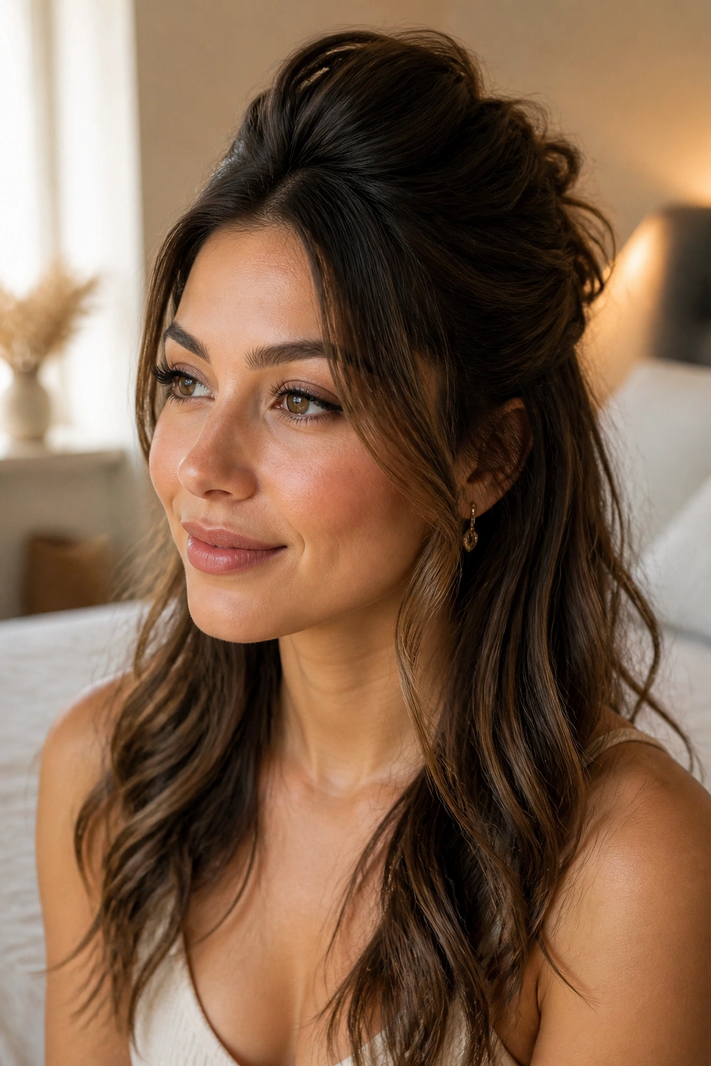 Close-up of a real woman with a half-up height and loose waves