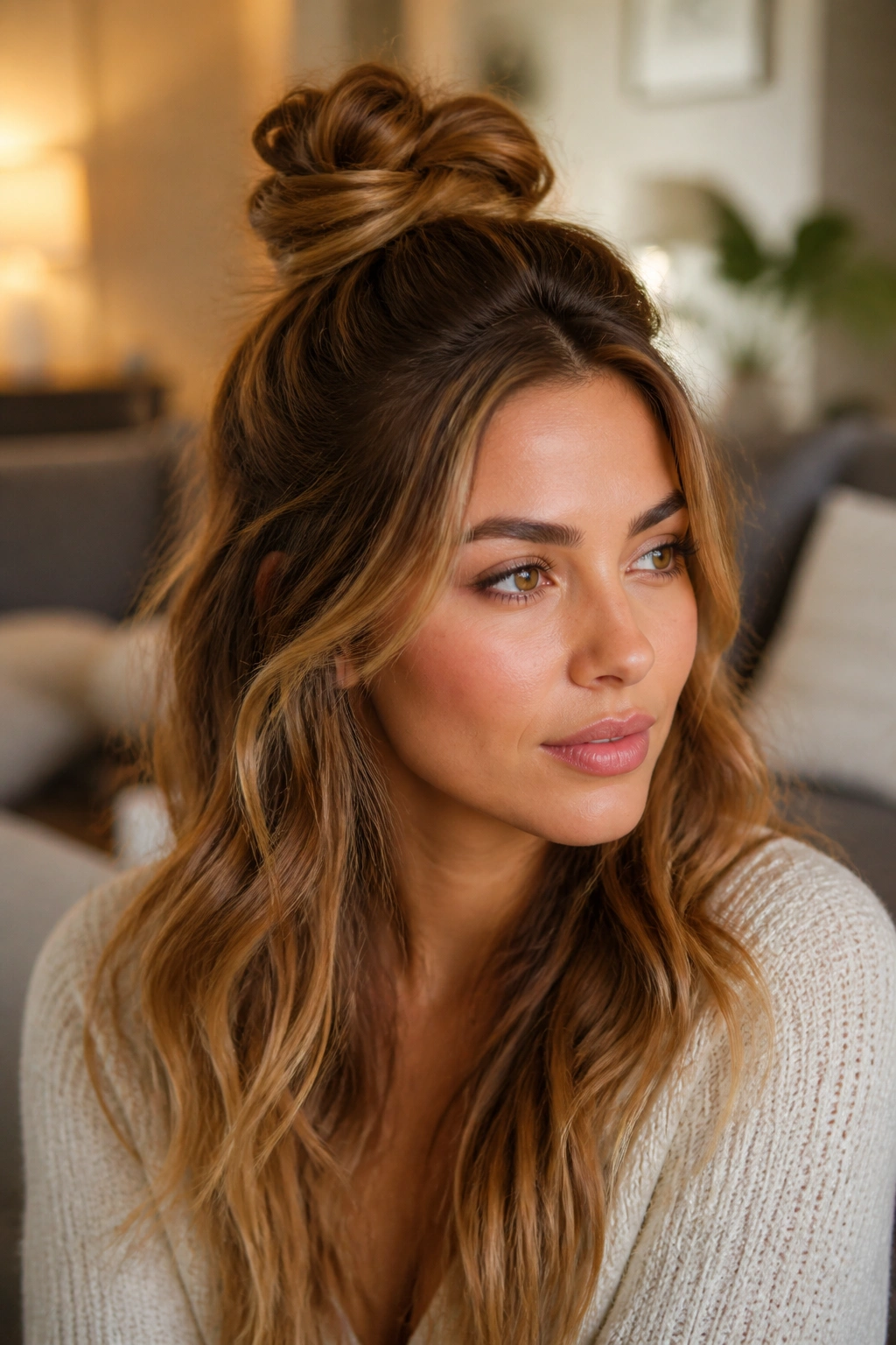 Real woman with half-up honey knot hairstyle, lifted crown and soft lower hair.