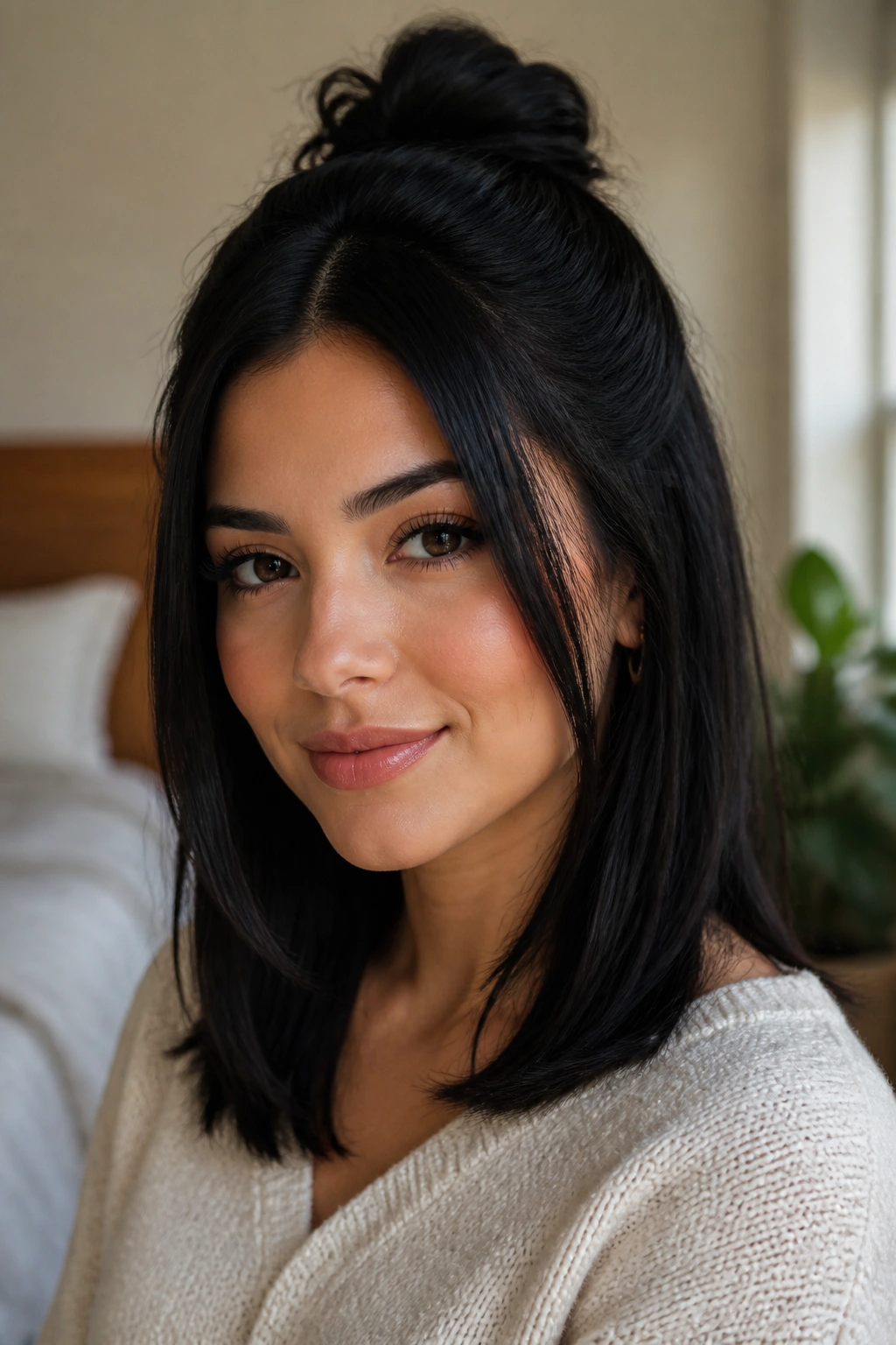 Close-up of a real woman with half-up jet black hair