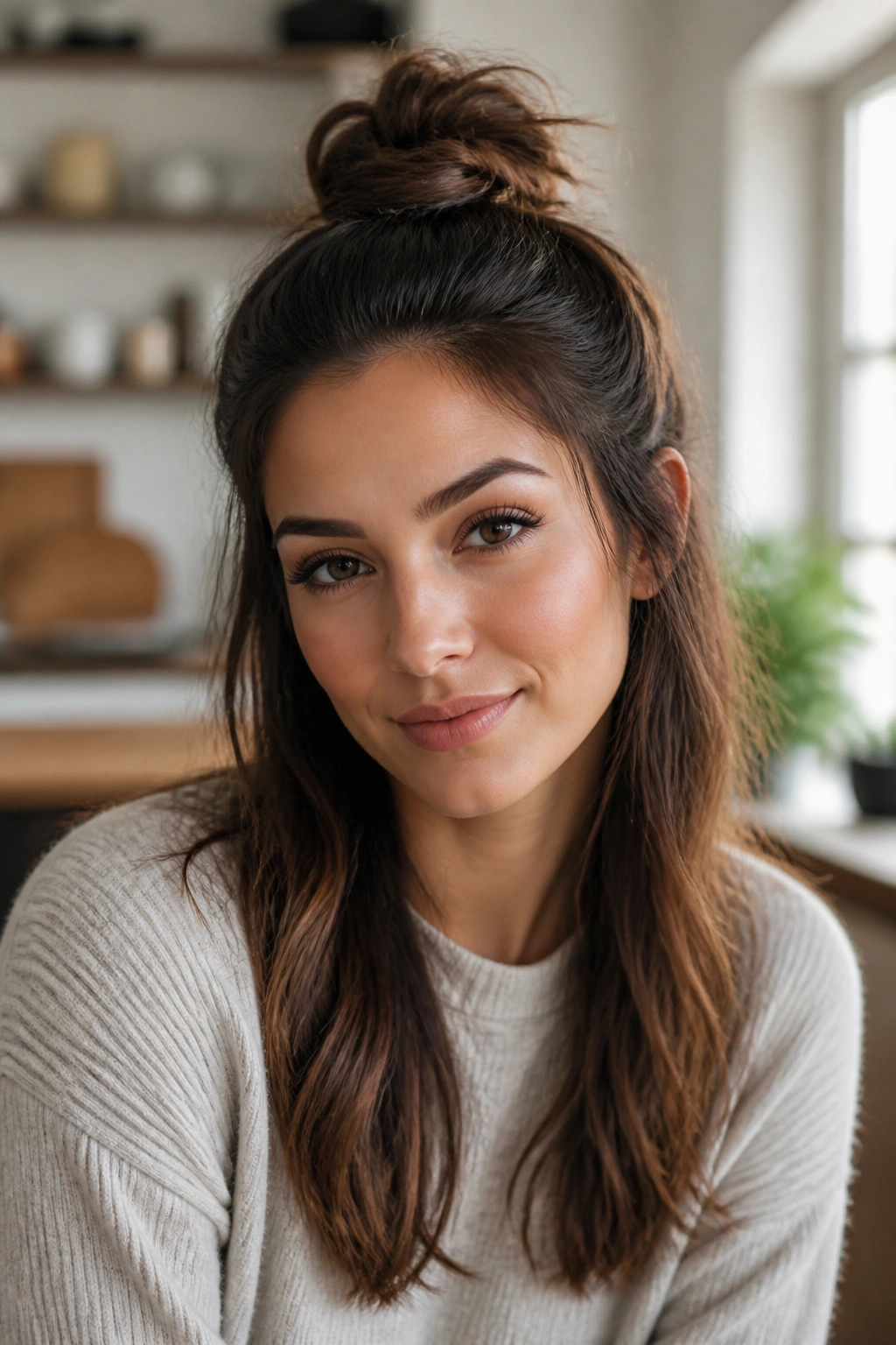 Close-up of a woman with half-up top knot hairstyle