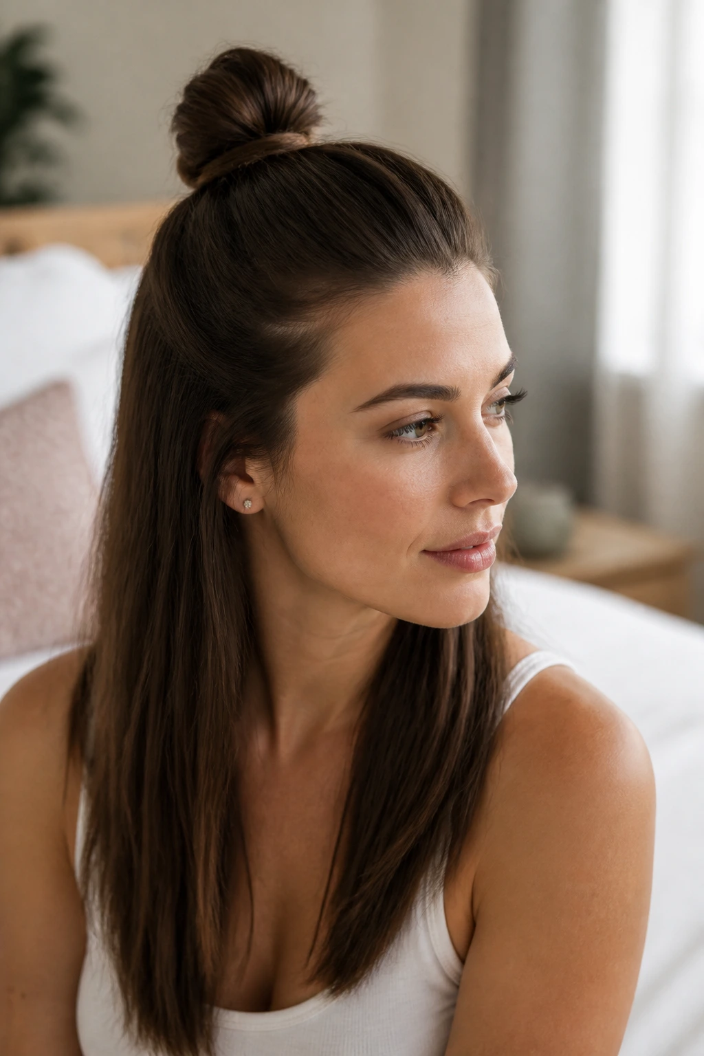 Close-up of a real woman with a half-up knot hairstyle.