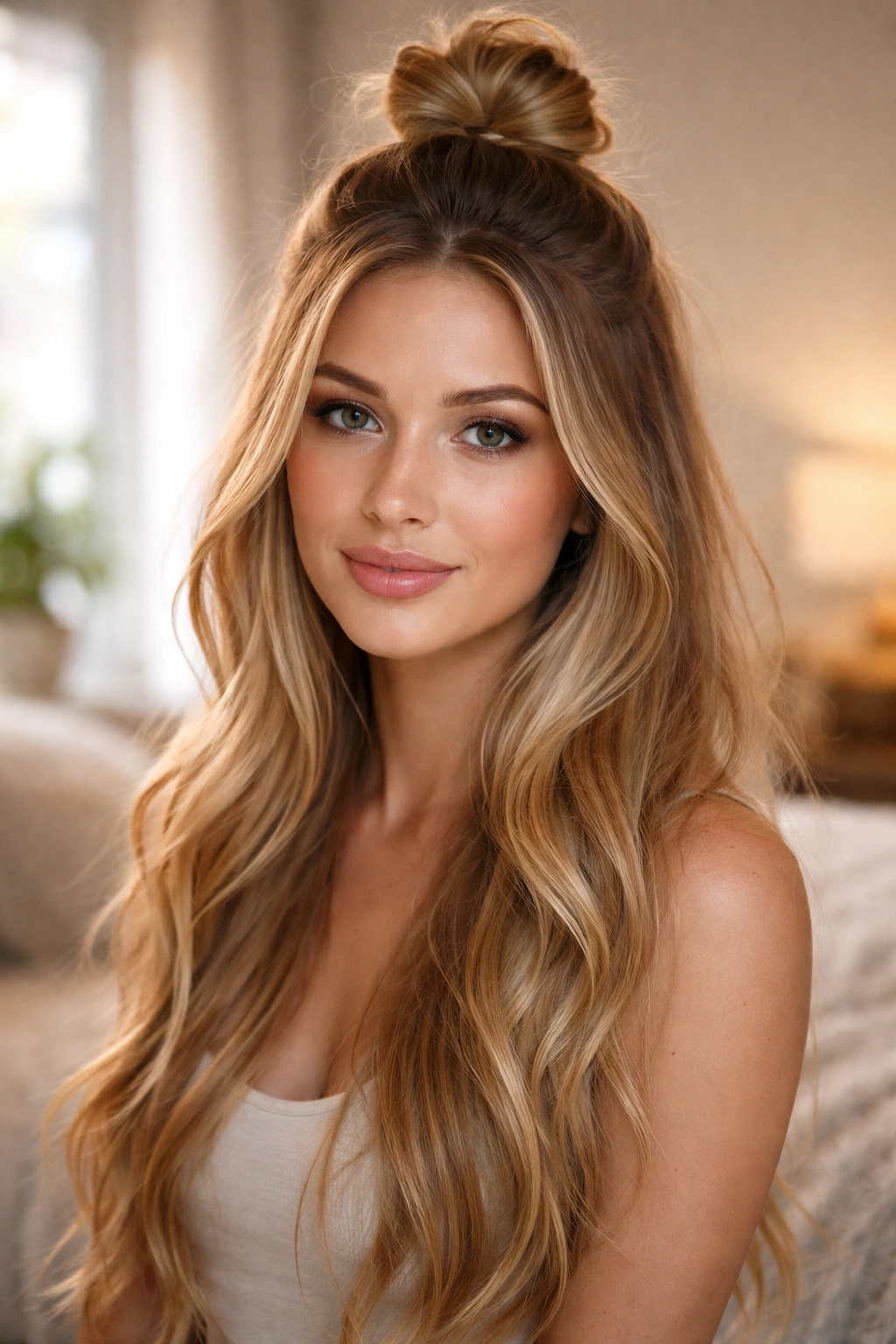 Close up of a real woman's half-up top knot hairstyle