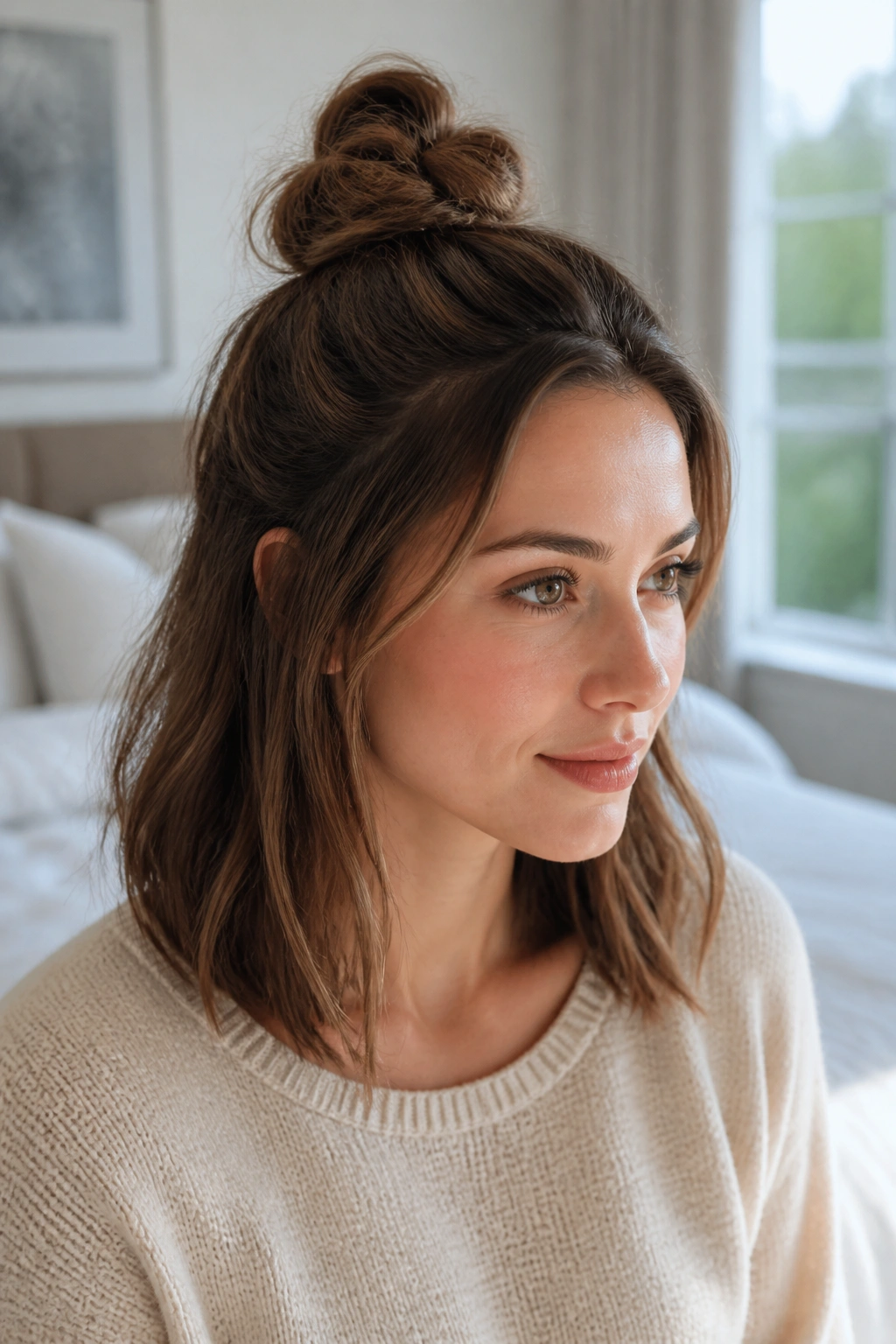 Portrait of a real woman with half-up knot at crown and hair down