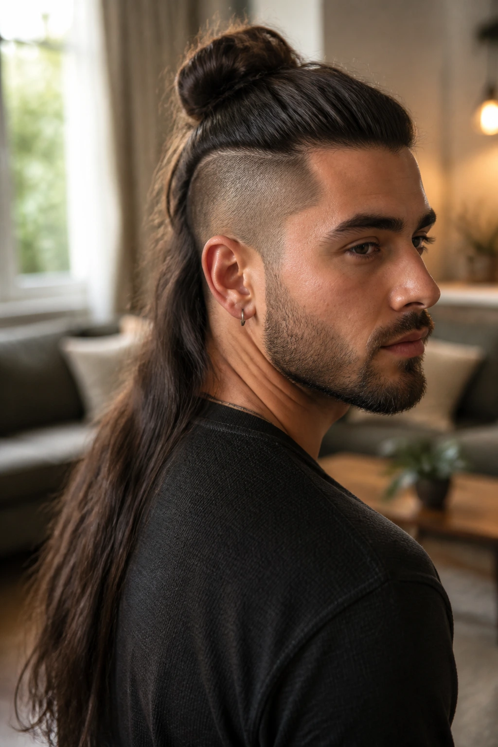 Close-up portrait of a real person with a half-up knot and long back length.
