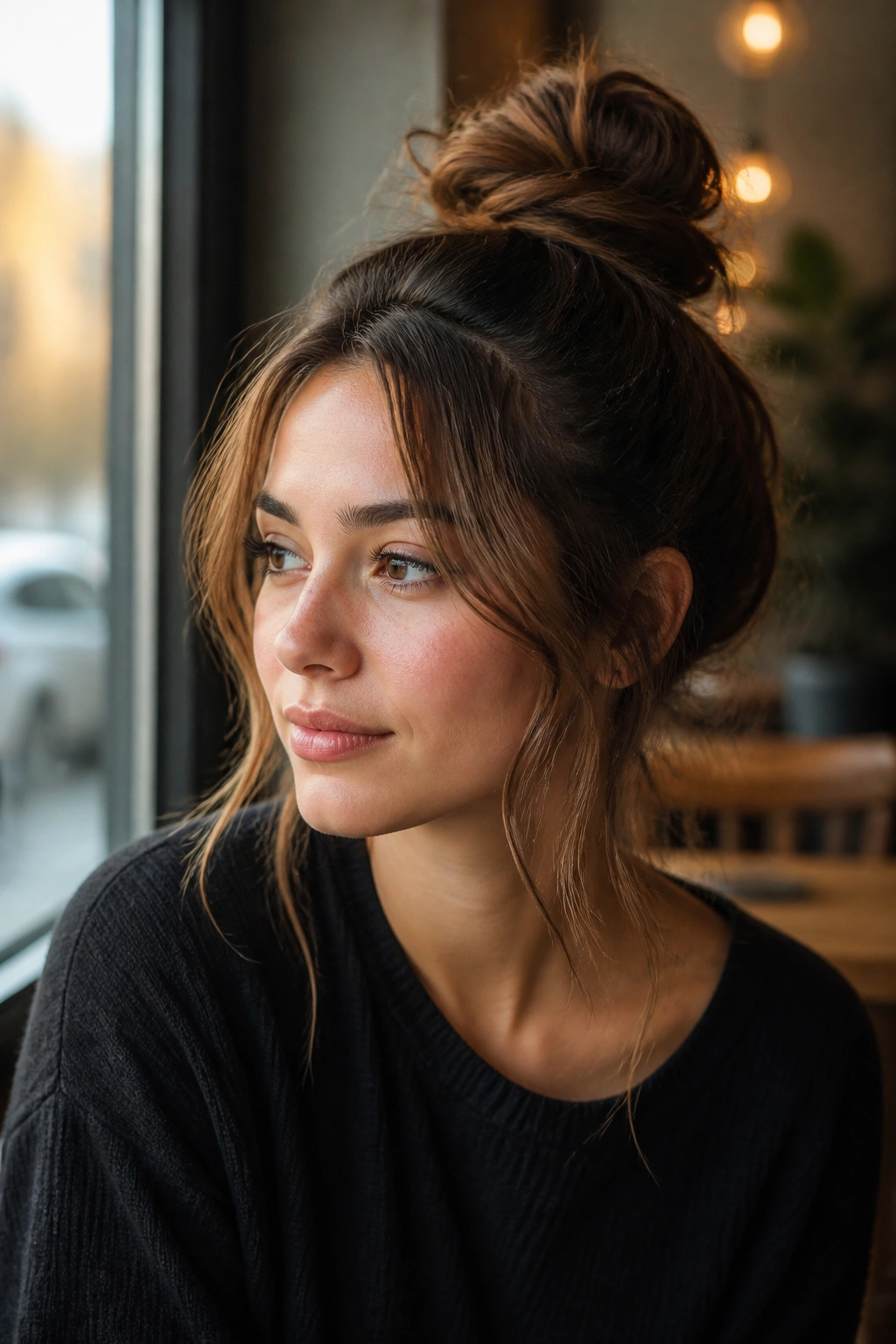 Medium close-up of a woman with a high crown half-up knot and soft face-framing pieces.