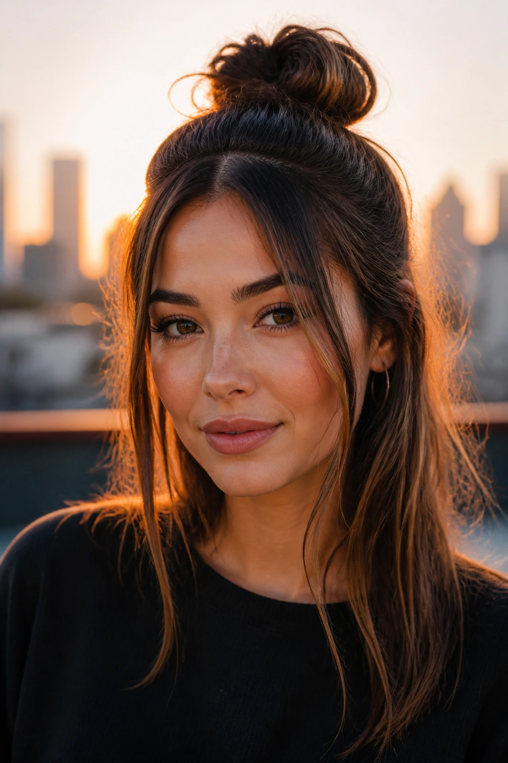 Close-up portrait of a woman with a half-up knot and loose front strands.