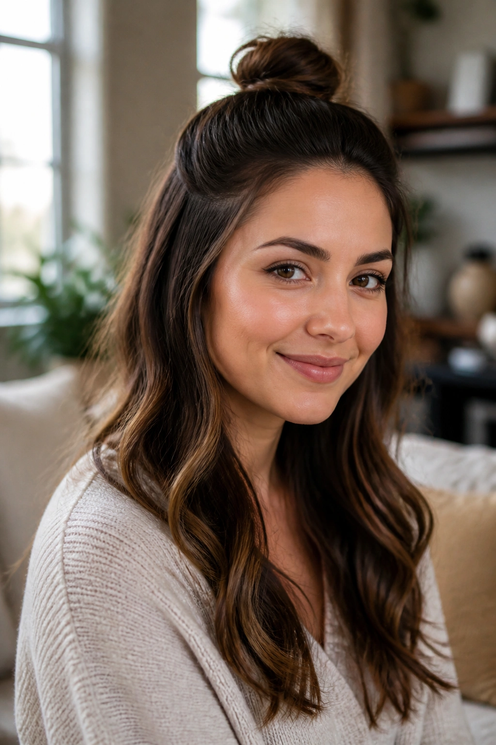 Close-up portrait of a real woman with a half-up knot and loose waves