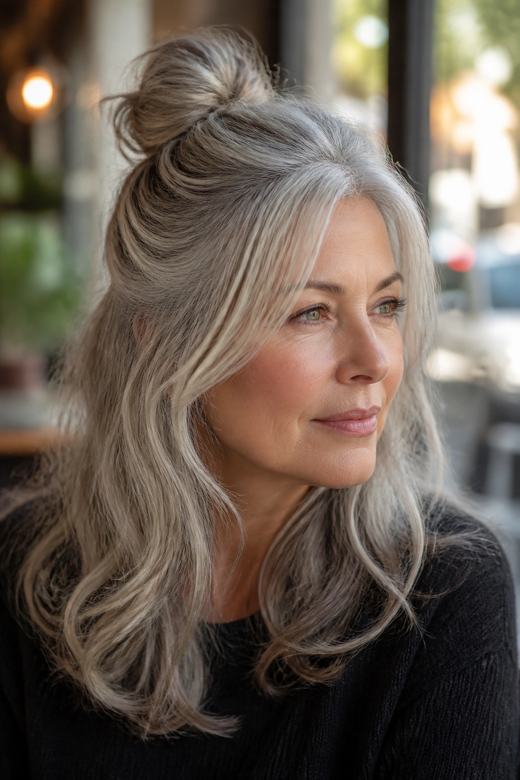 Portrait of a person with a silver half-up knot hairstyle in a cafe setting.