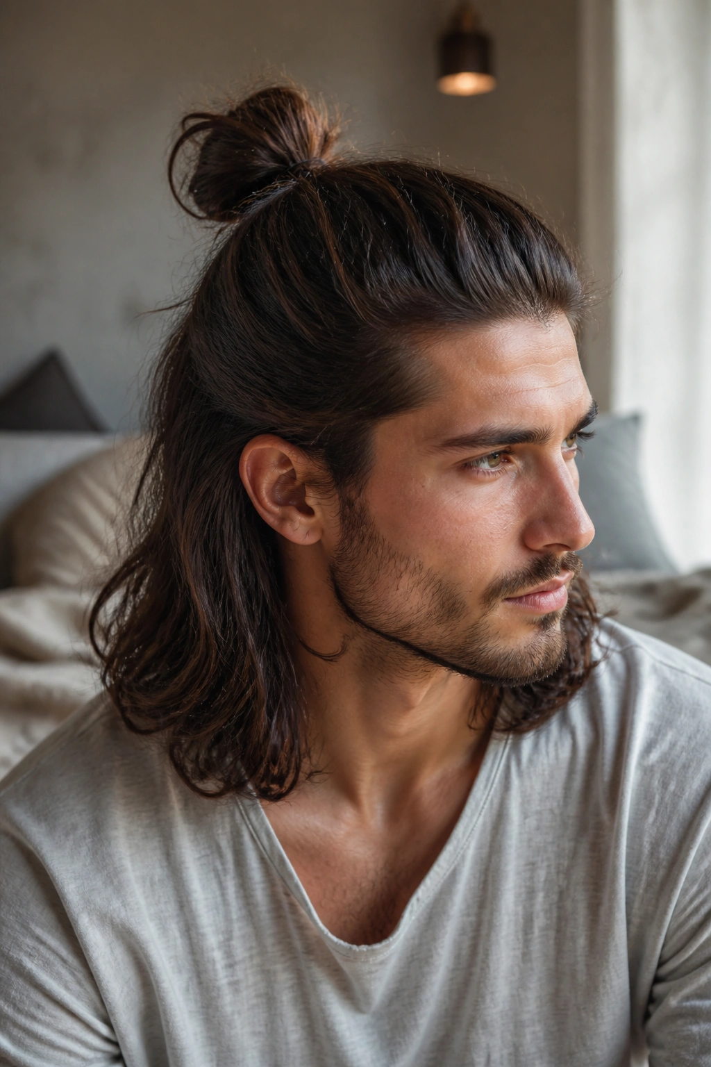 Man with top knot and flowing lower hair in soft morning light.