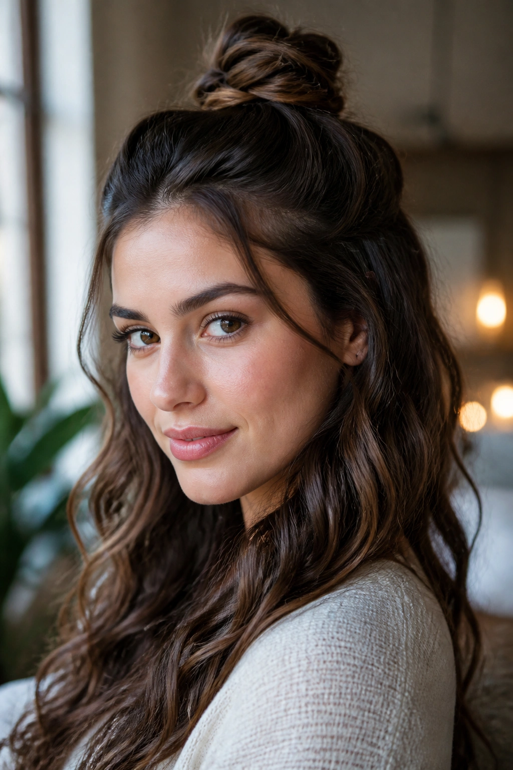 Close-up portrait of a woman with a crown knot and wavy hair underneath