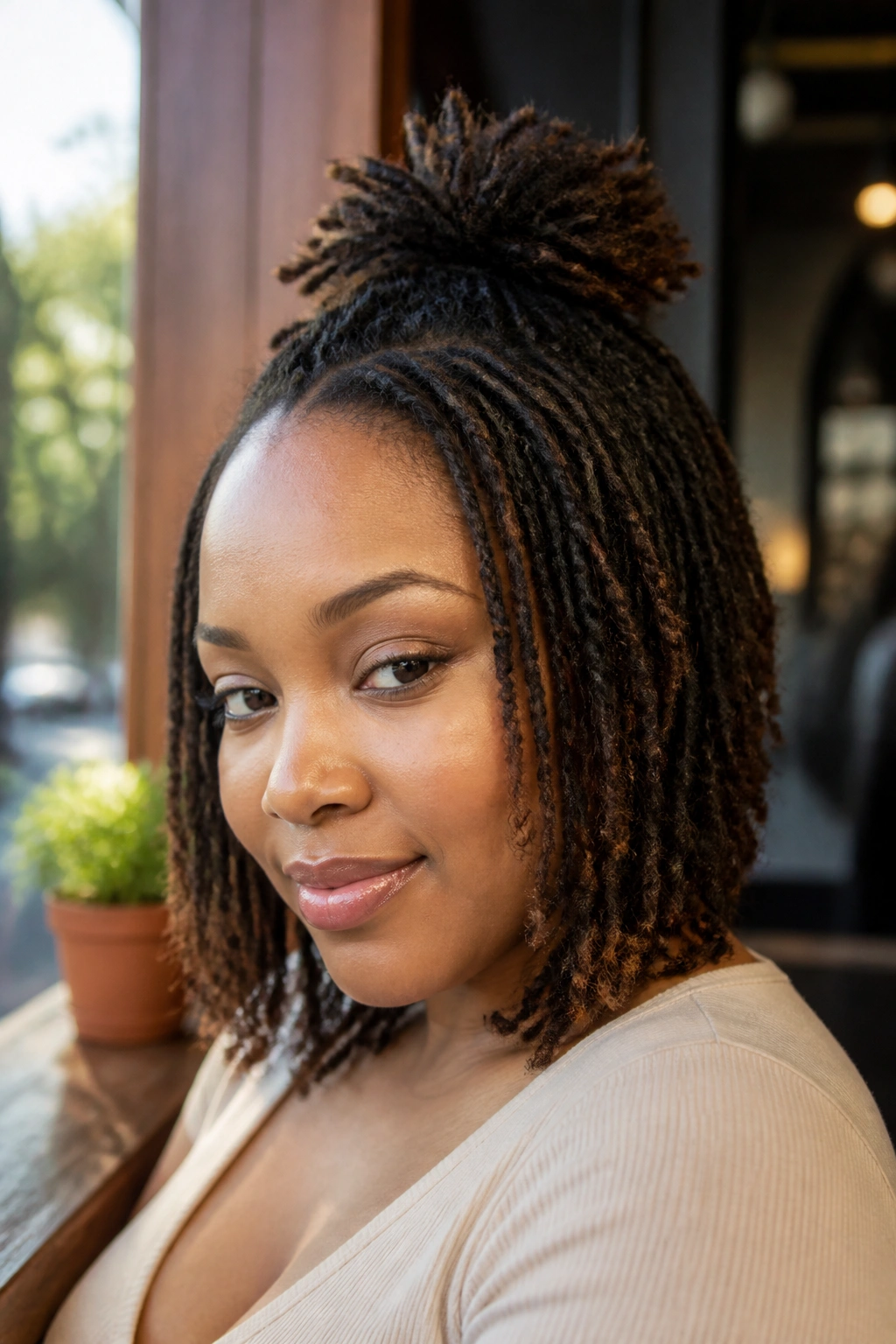 Close-up portrait of a real woman with a half-up mini puff on short locs in a sunlit cafe setting