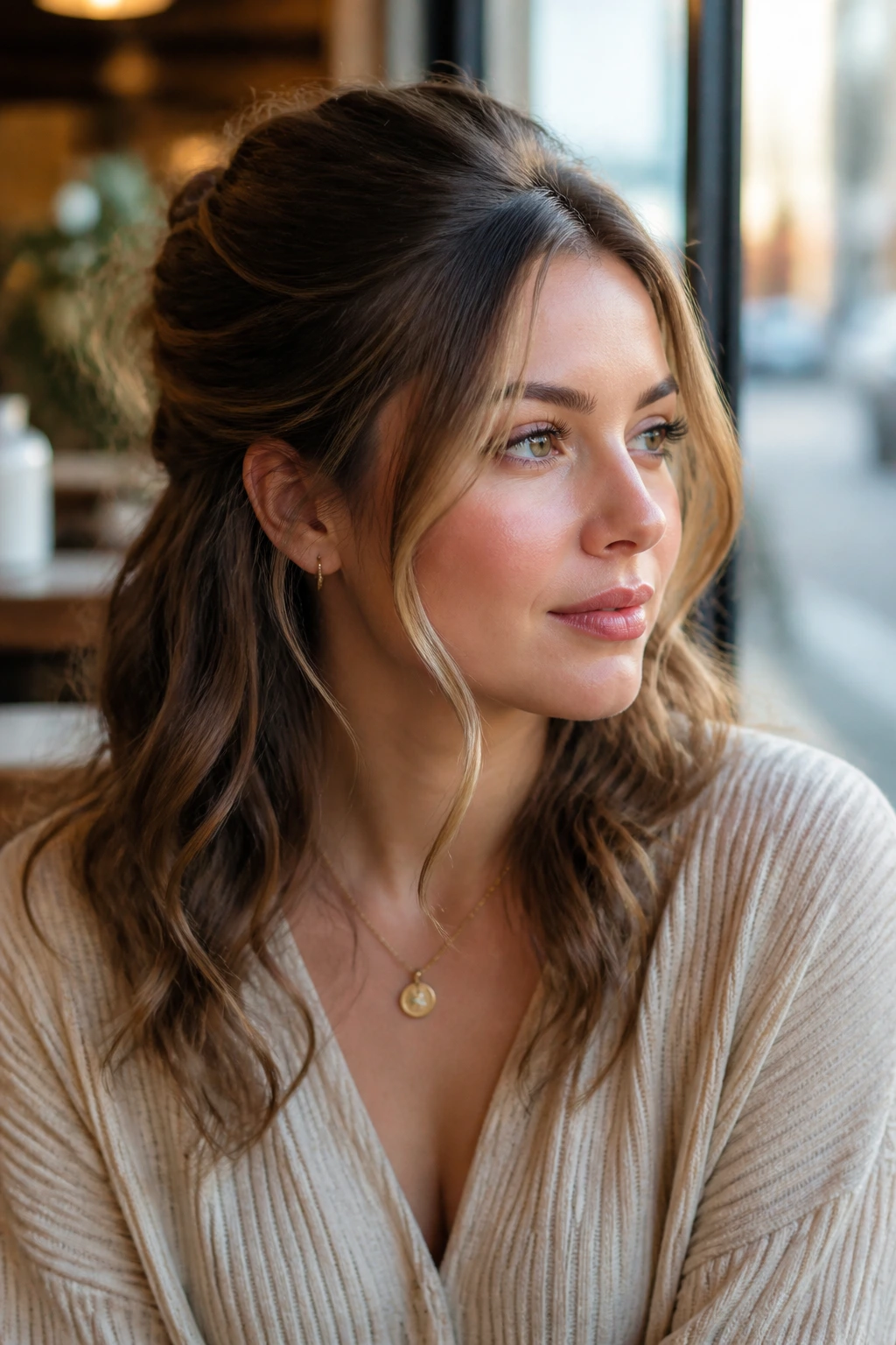 Close-up portrait of a real woman in a half-up style with loose front pieces framing her face.